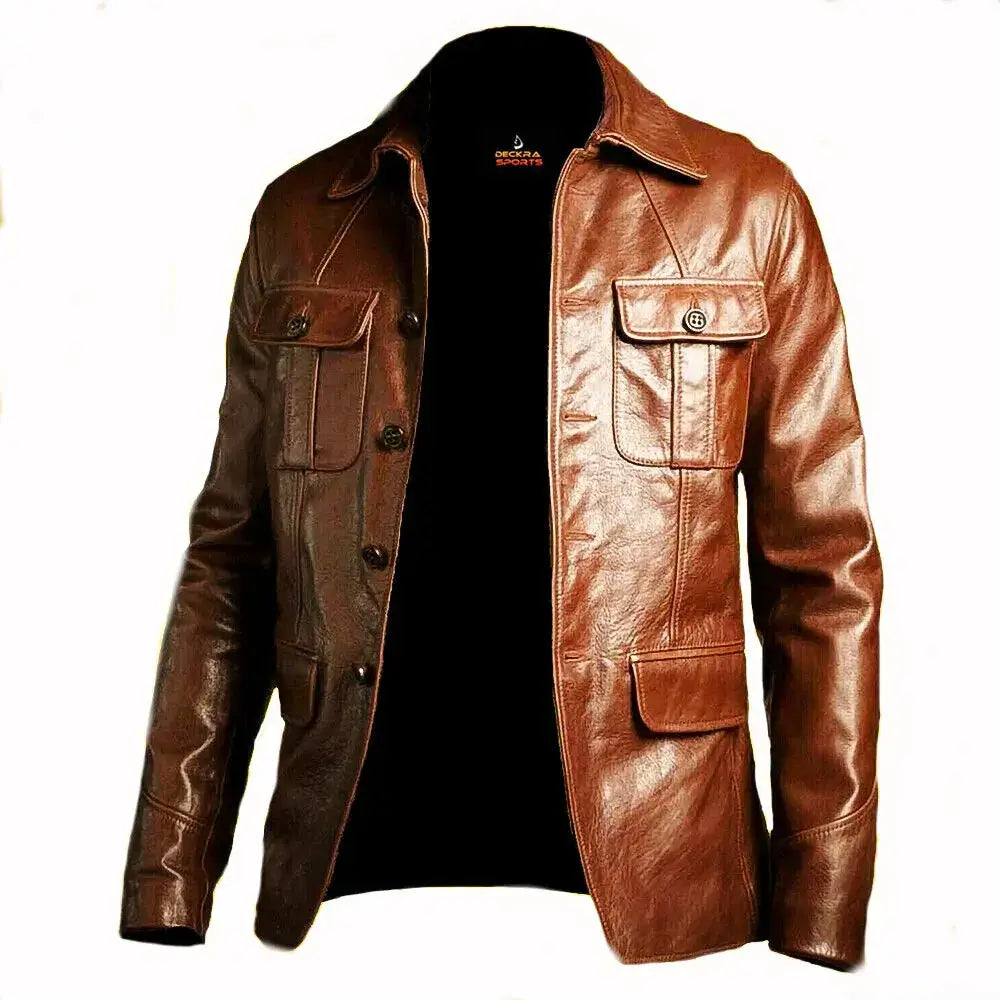 Men's Brown Leather Blazer Coat – Button-Front Leather Jacket