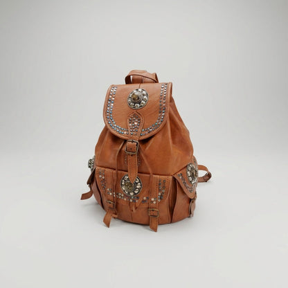 Vintage Style Leather Backpack Boho Western Rucksack with Studs