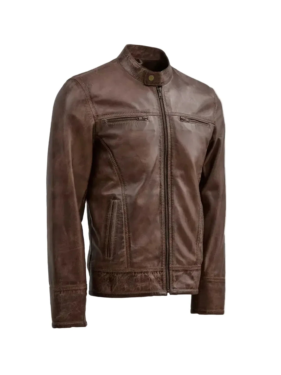 Men's Waxed Brown Leather Jacket – Vintage Slim Fit Biker Jacket