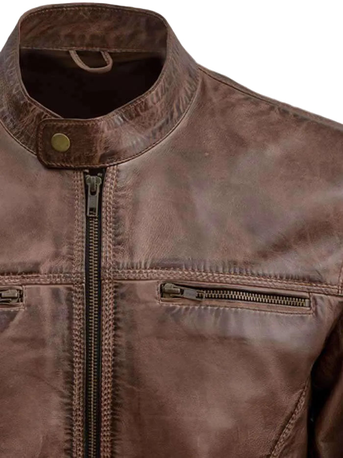 Men's Waxed Brown Leather Jacket – Vintage Slim Fit Biker Jacket