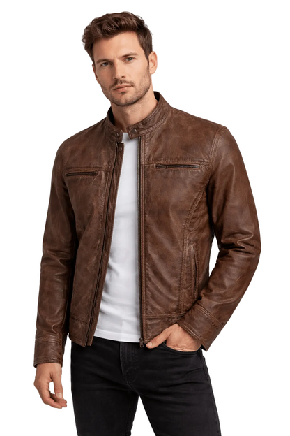 Men's Waxed Brown Leather Jacket – Vintage Slim Fit Biker Jacket
