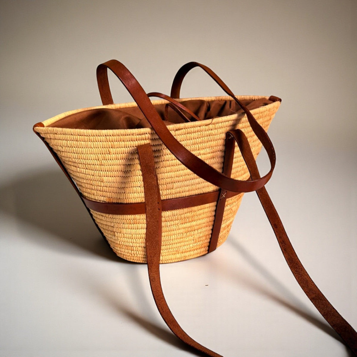 Woven Raffia Tote Bag with Leather Straps & Drawstring Lining