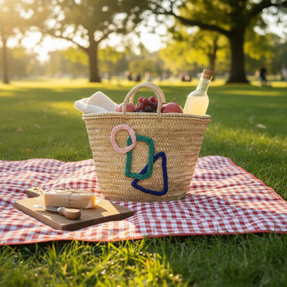 Woven Straw Beach Tote Bag with Geometric Embroidery