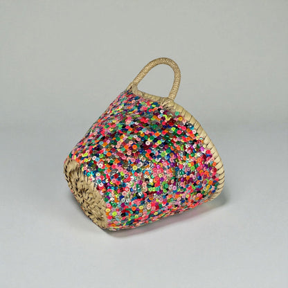 Sequin Straw Basket Mini Tote - Handmade Woven Gift Bag