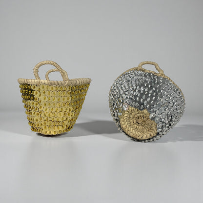 Sequin Straw Basket Set Gold Silver Boho Storage Decor