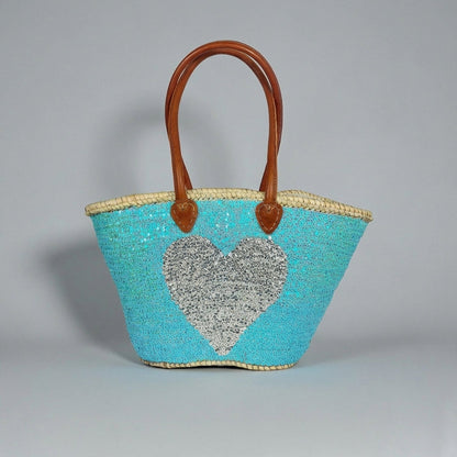 Sequin Heart Straw Beach Bag - Turquoise Market Tote