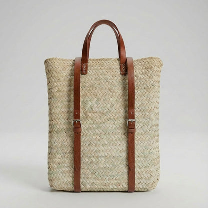 Handmade Straw Backpack with Leather Straps Woven Market Bag