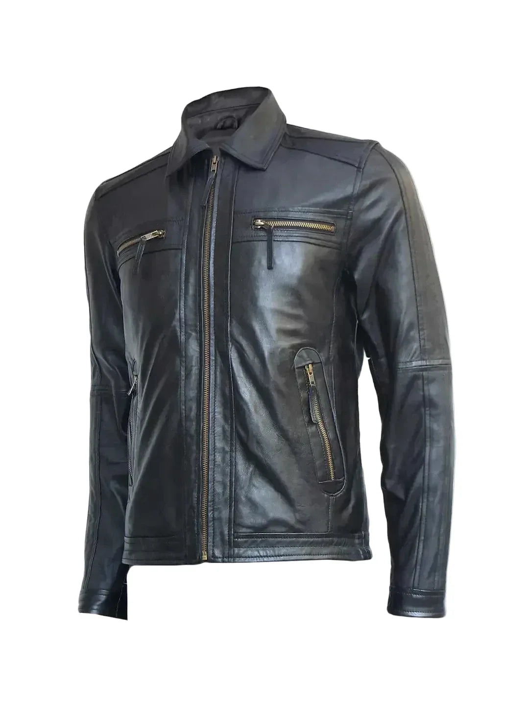 Men's Black Leather Zip Jacket – Slim Fit with Shirt Collar