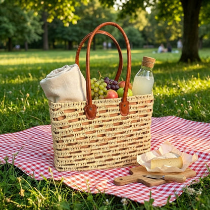 Woven Straw Tote Bag with Leather Handles Summer Beach Market Basket