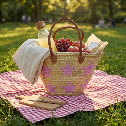 Pink Star Straw Tote Bag - French Market Basket Leather Handles