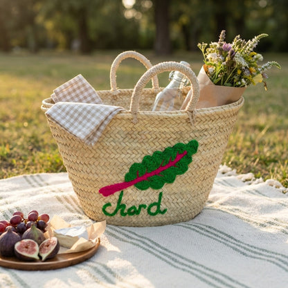 Embroidered Chard Straw Market Basket - Handwoven French Style Tote