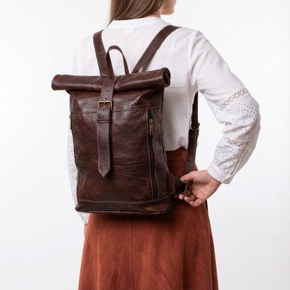 Leather Roll Top Backpack Vintage Travel Rucksack Laptop Bag
