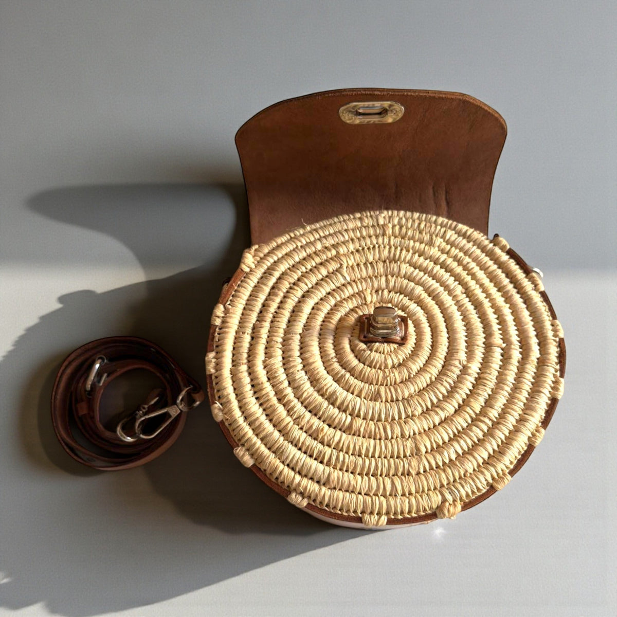 Round Raffia Leather Bag - Handmade Woven Boho Crossbody Purse