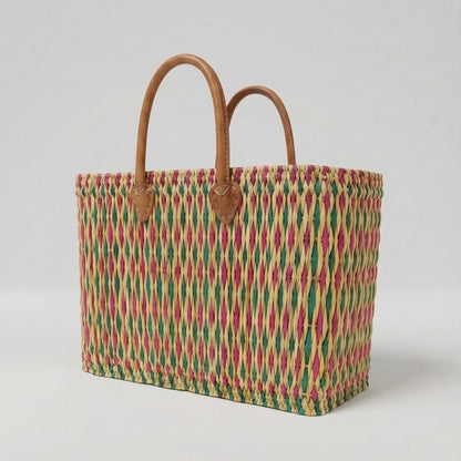 Handmade Reed Market Basket Tote with Leather Handles