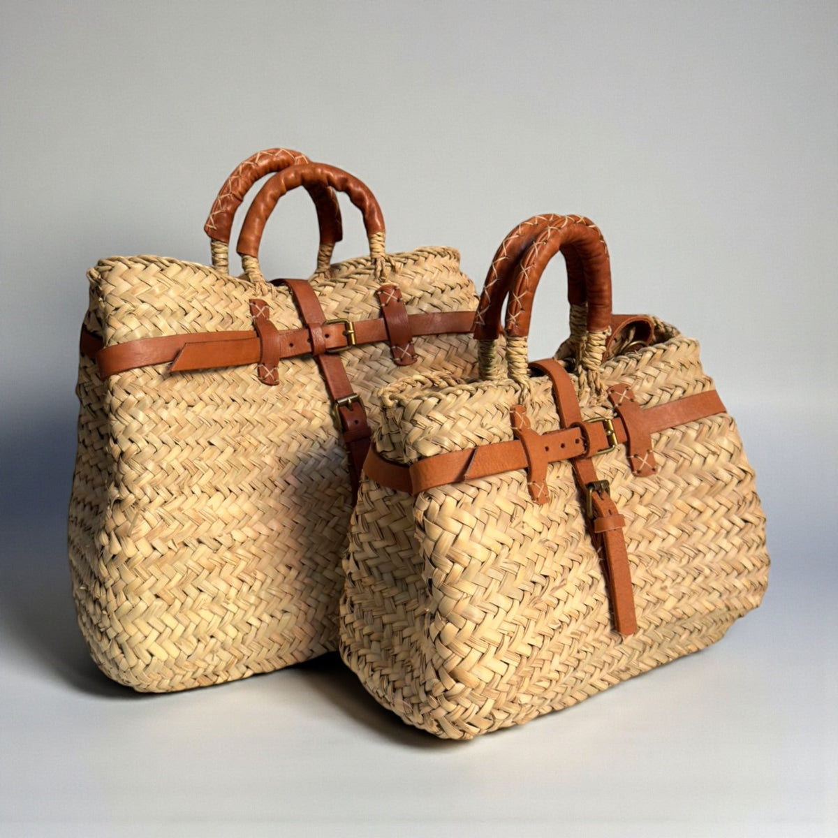 Woven Straw Tote Bag with Leather Handles & Strap - Summer Basket