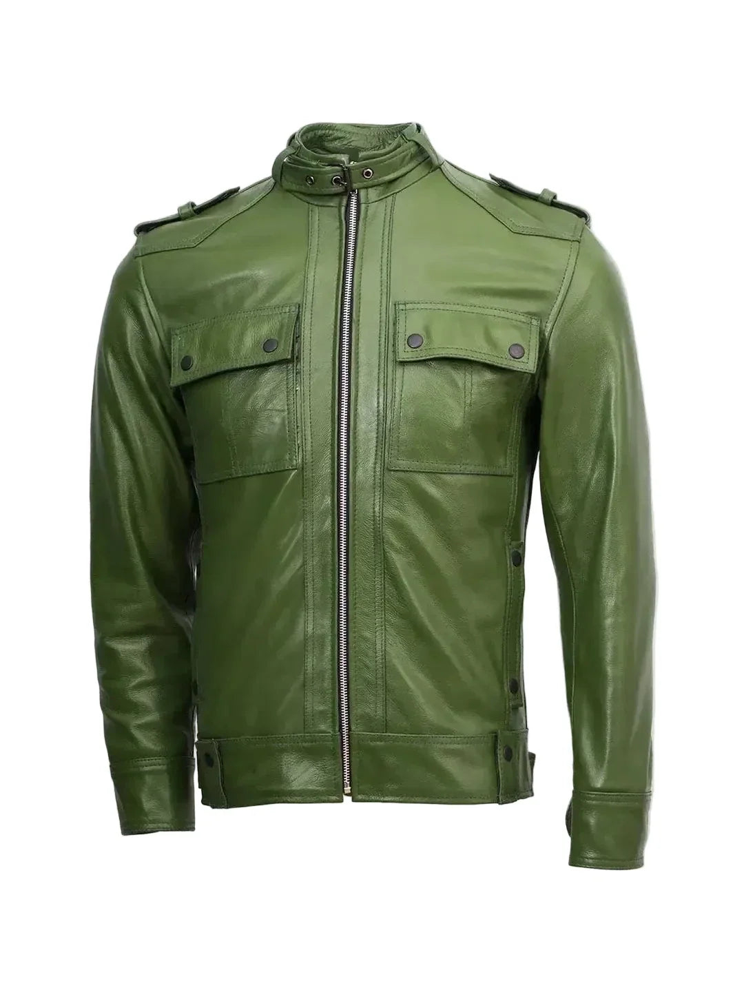 Men's Green Leather Biker Jacket – Slim Fit Moto Style