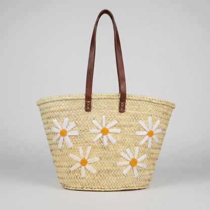 Daisy Straw Tote Bag Handwoven Floral Market Basket