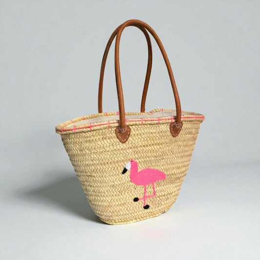 Embroidered Flamingo Straw Tote Bag Woven Summer Beach Basket