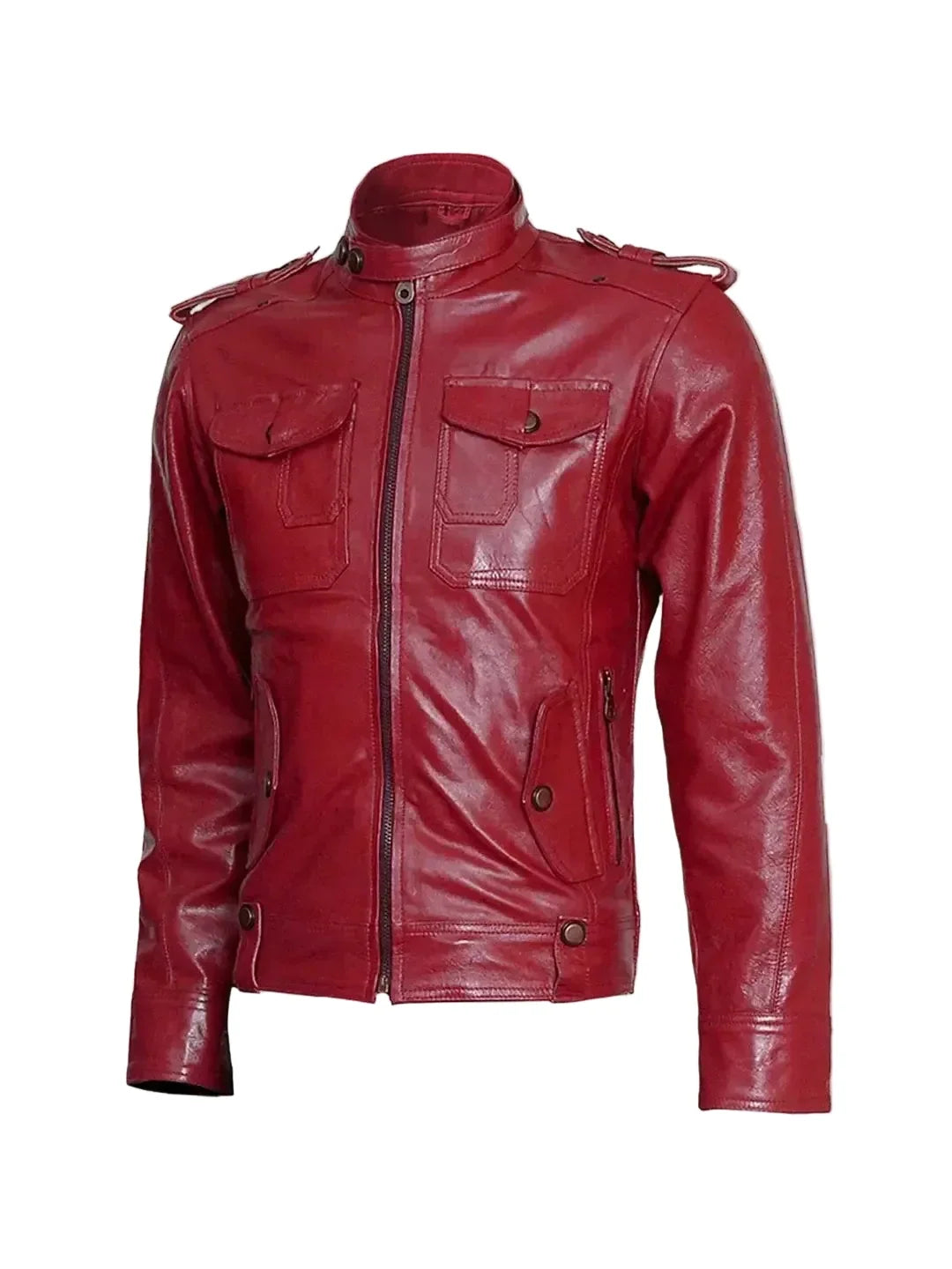Men's Burgundy Leather Jacket – Banded Collar Slim Fit