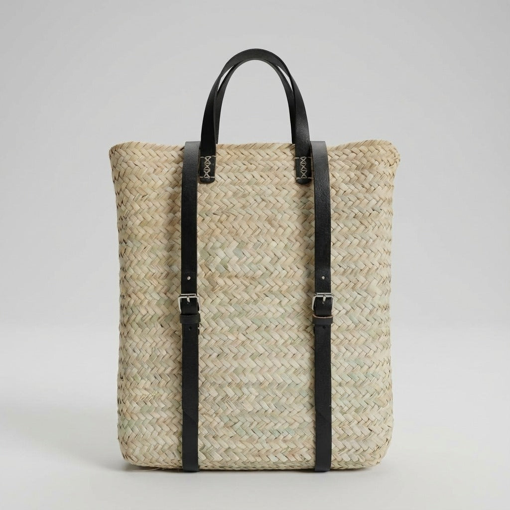 Handmade Straw Backpack with Leather Straps Woven Market Bag