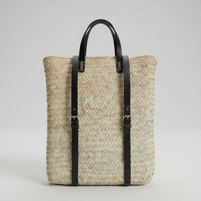 Handmade Straw Backpack with Leather Straps Woven Market Bag