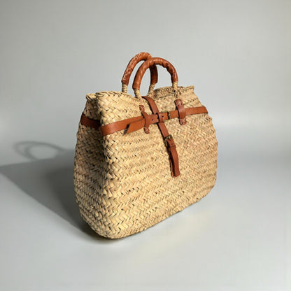 Woven Straw Tote Bag with Leather Handles & Strap - Summer Basket