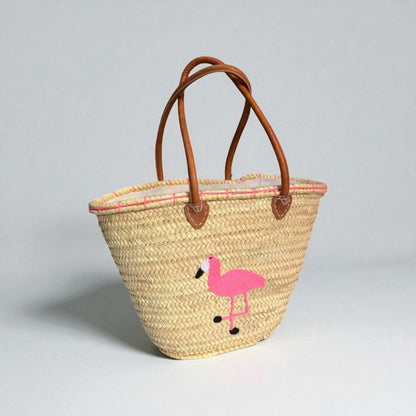 Flamingo Straw Beach Bag Woven Tote with Leather Handles