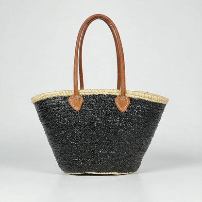 Sequin Straw Tote Bag with Leather Handles - Large Beach Basket