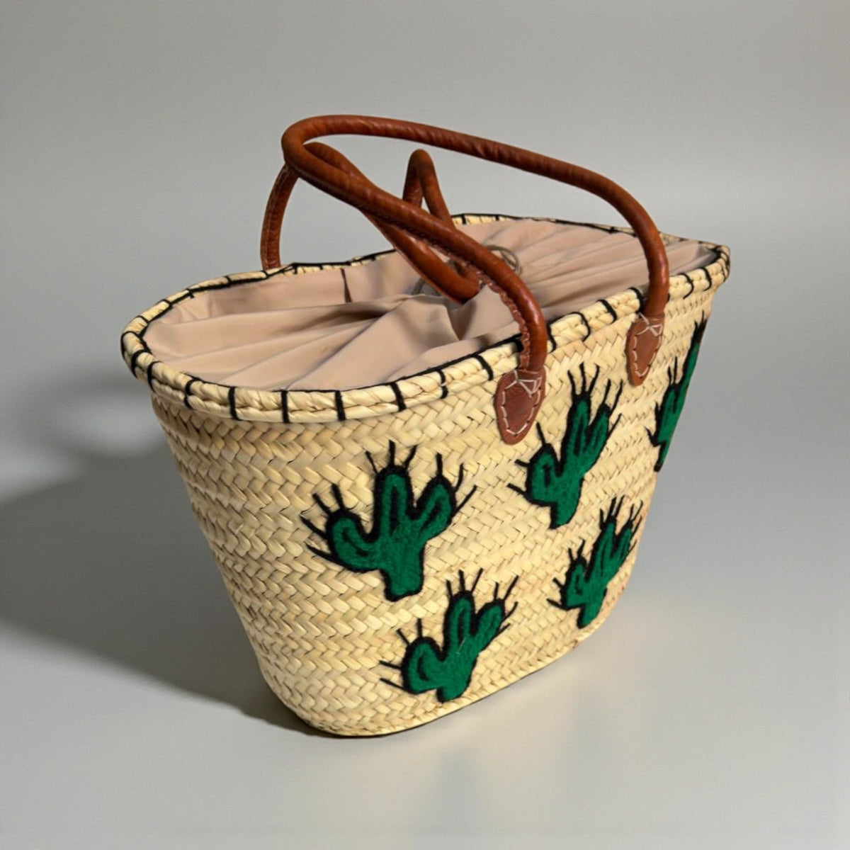 Woven Straw Cactus Tote Bag Market Basket Leather Handles