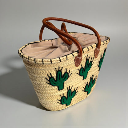 Woven Straw Cactus Tote Bag Market Basket Leather Handles