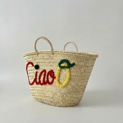 Ciao Embroidered Straw Tote Bag - Woven Lemon Beach Basket Handbag