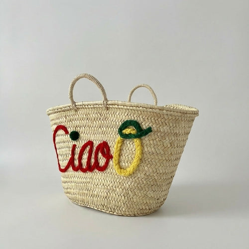 Ciao Embroidered Straw Tote Bag - Woven Lemon Beach Basket Handbag