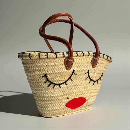 Woven Straw Tote Bag with Embroidered Face and Leather Handles