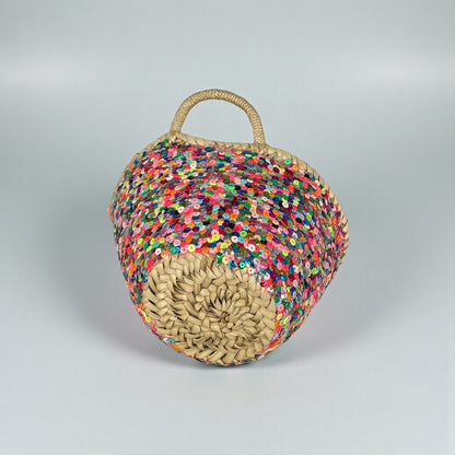 Sequin Straw Basket Mini Tote - Handmade Woven Gift Bag