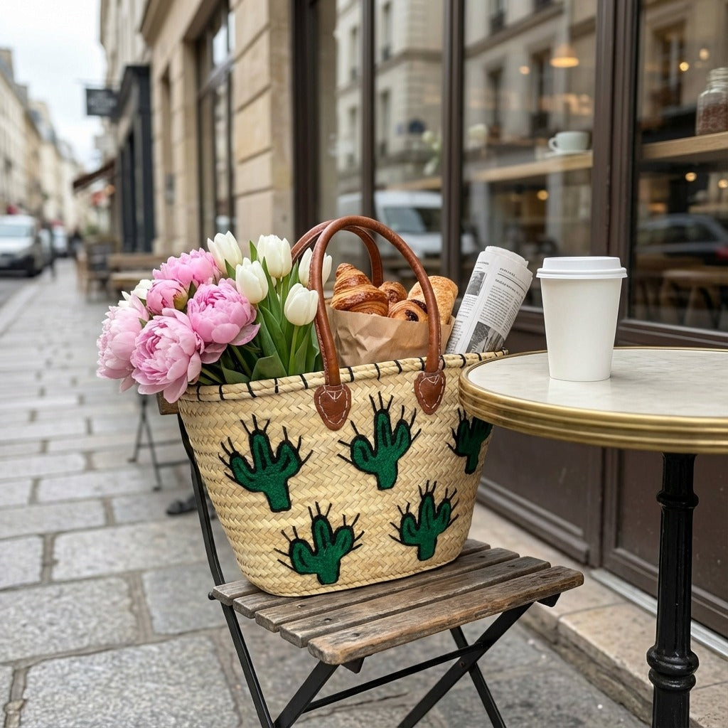 Woven Straw Cactus Tote Bag Market Basket Leather Handles