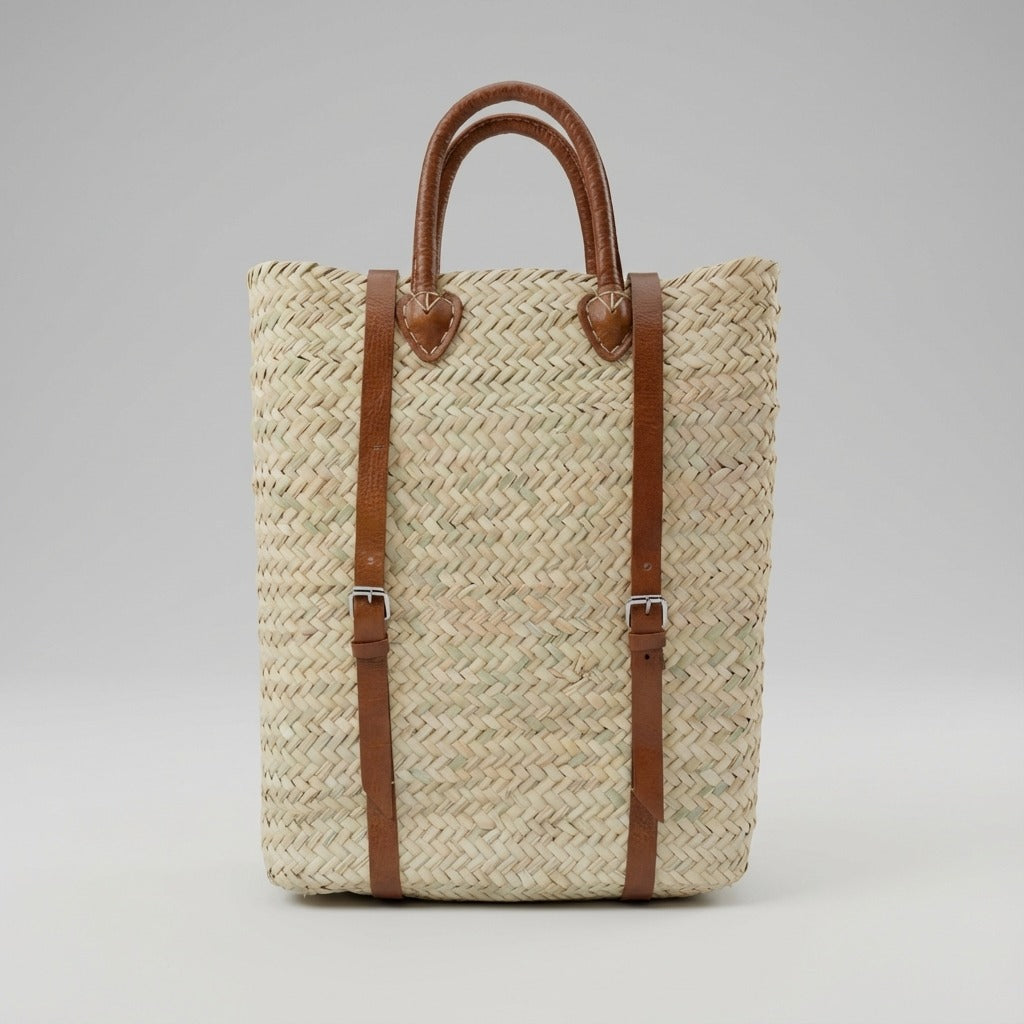 Woven Straw Backpack with Leather Straps - Handmade Market Tote