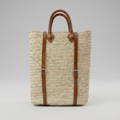 Woven Straw Backpack with Leather Straps - Handmade Market Tote