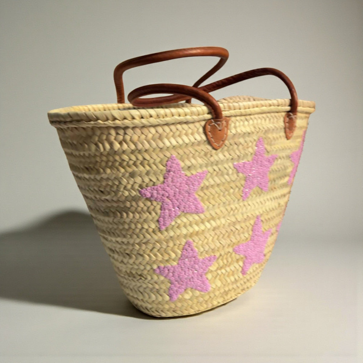 Pink Star Straw Tote Bag - French Market Basket Leather Handles
