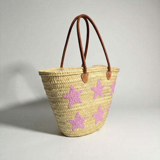 Pink Star Straw Tote Bag - French Market Basket Leather Handles