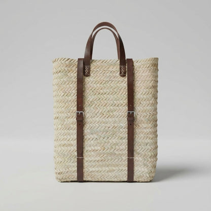 Handmade Straw Backpack with Leather Straps Woven Market Bag