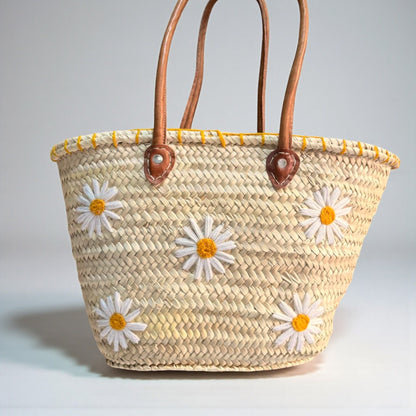 Daisy Embroidered Straw Tote Bag - Woven Summer Beach Basket