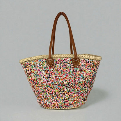 Sequin Straw Tote Bag with Leather Handles - Large Beach Basket