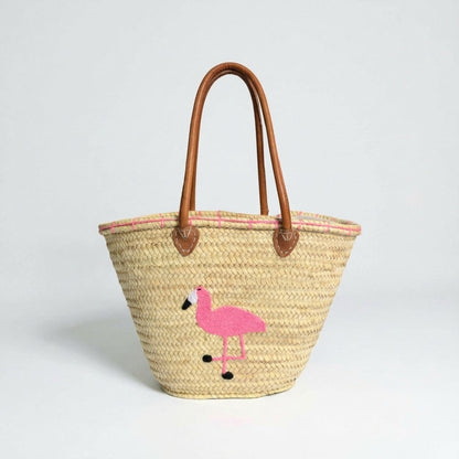 Flamingo Straw Beach Bag Woven Tote with Leather Handles