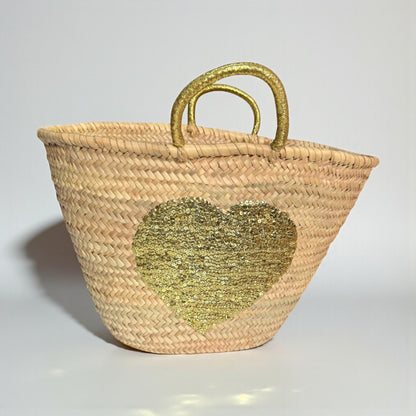 Sequin Heart Straw Market Basket - Handmade Boho Beach Tote Bag