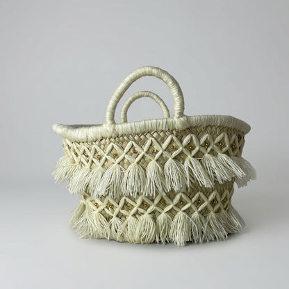 Woven Straw Tote Bag Macrame Fringe Boho Beach Basket