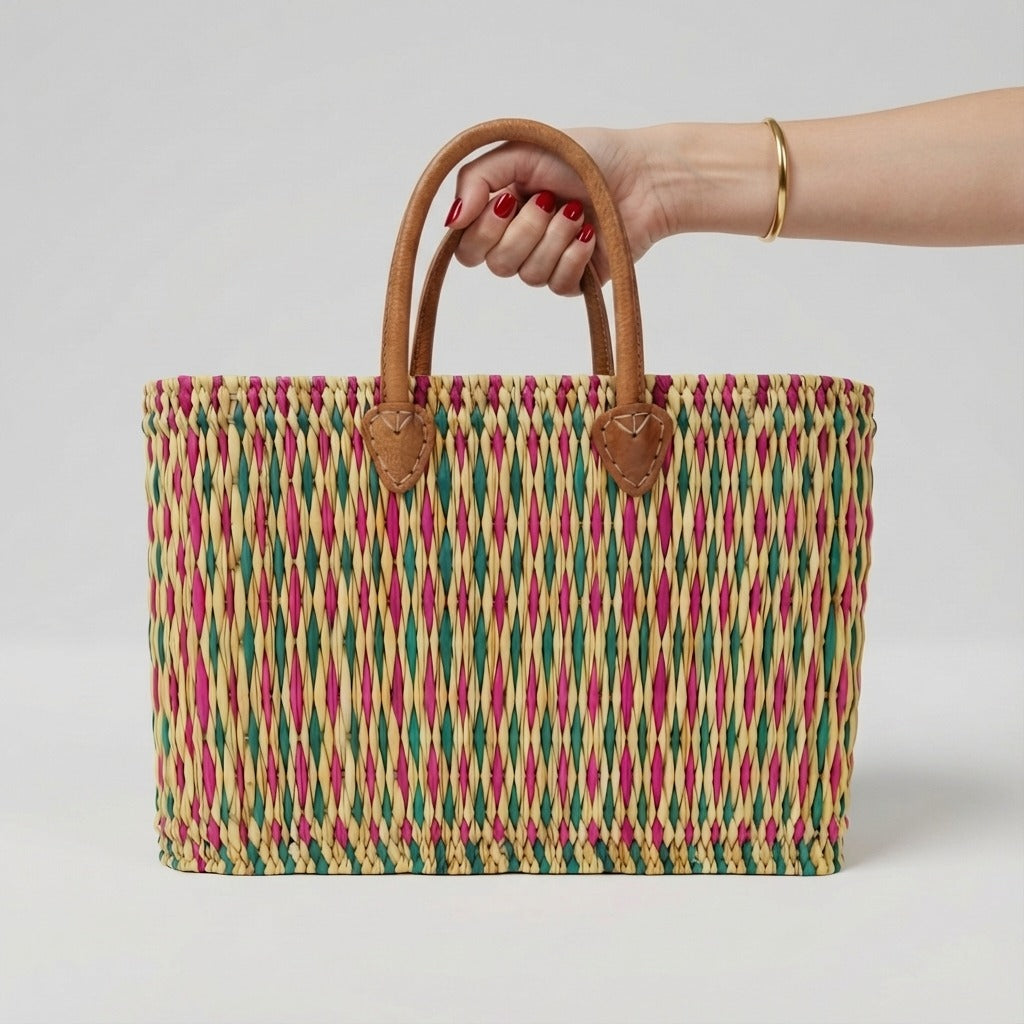 Handmade Reed Market Basket Tote with Leather Handles