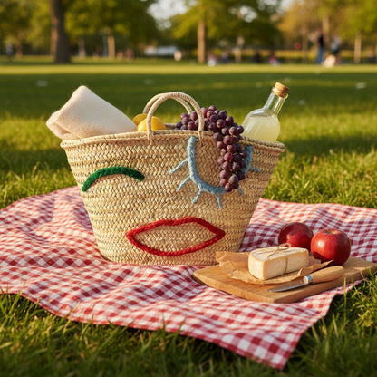 Woven Straw Market Tote Bag with Embroidered Winking Face Design