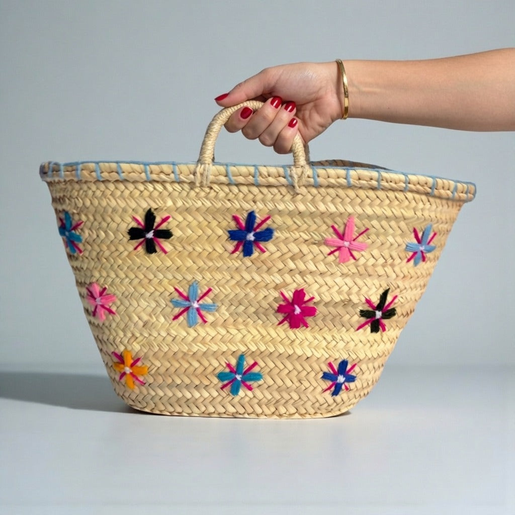 Floral Embroidered Straw Market Basket - Boho Woven Tote Bag