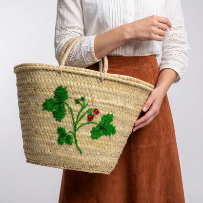 Strawberry Embroidered Straw Basket Bag - Handmade Market Tote