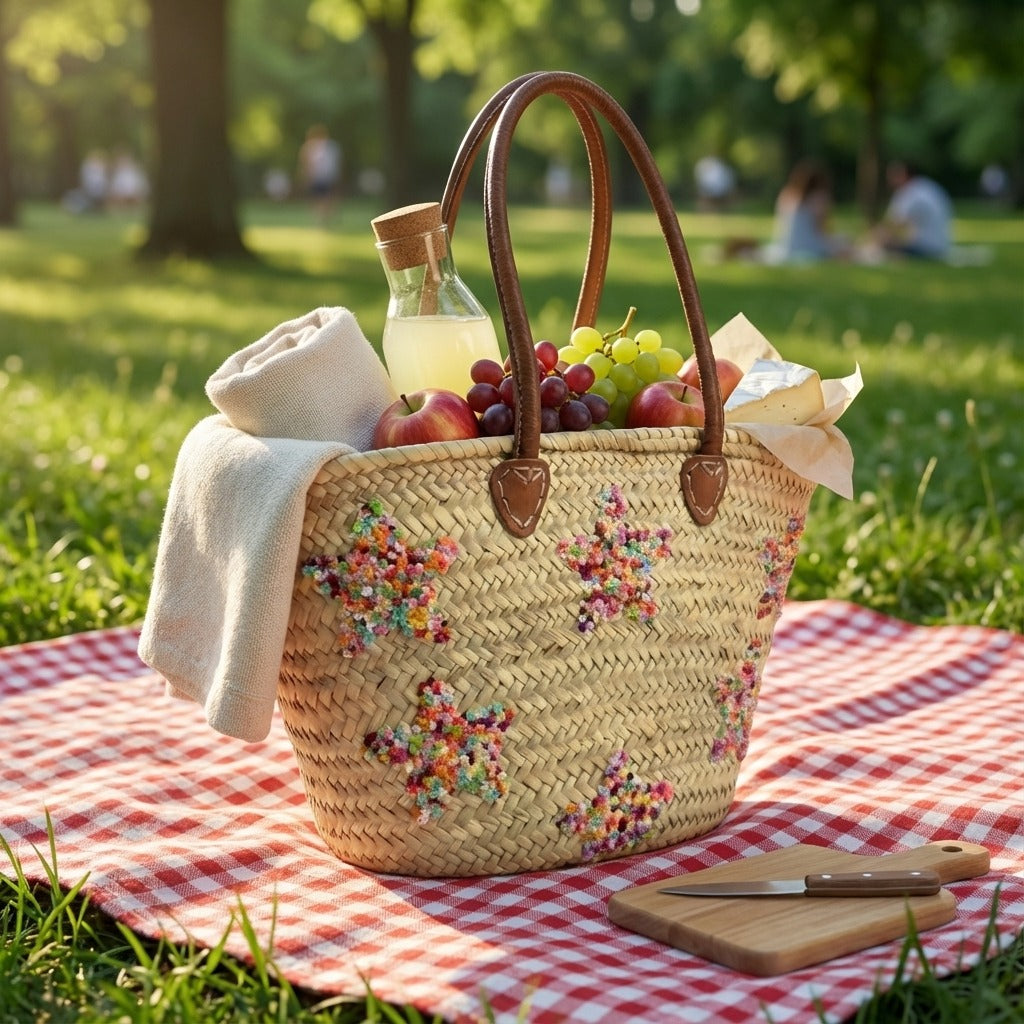 Star Embroidered Straw Tote Bag - Woven French Market Basket